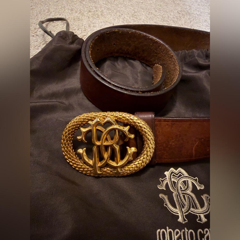 Roberto Cavalli Brown Leather Belt with CRC Gold Buckle